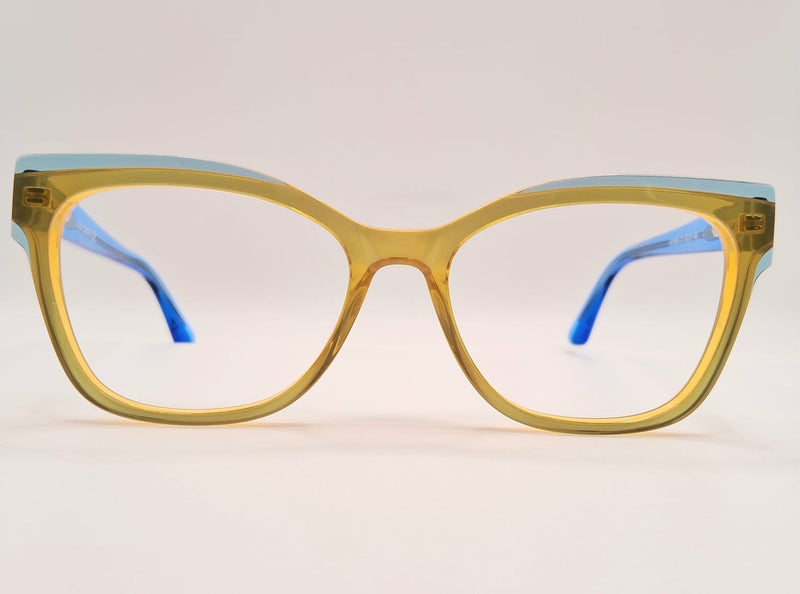 Armação em acetato azul e amarelo transparente