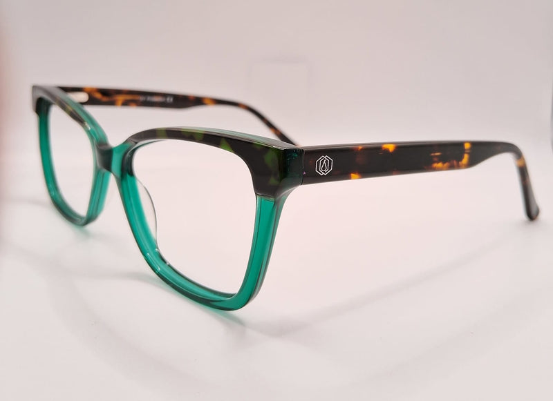 armação em acetato verde com detalhes em animal print.