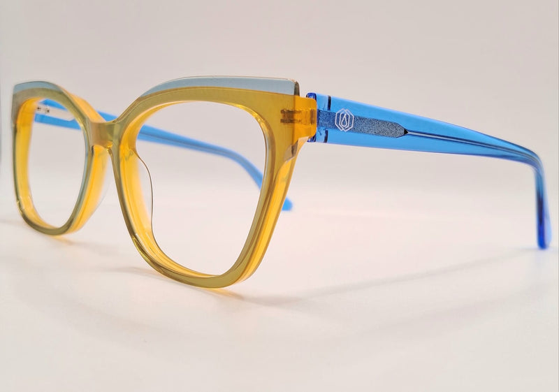 Armação em acetato azul e amarelo transparente