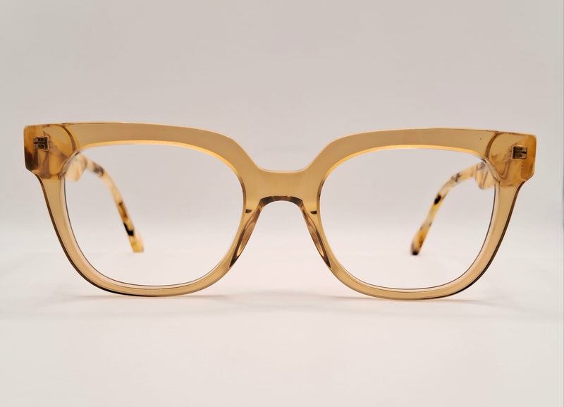 armação em acetato dourado transparente com hastes em animal print- formato quadrado