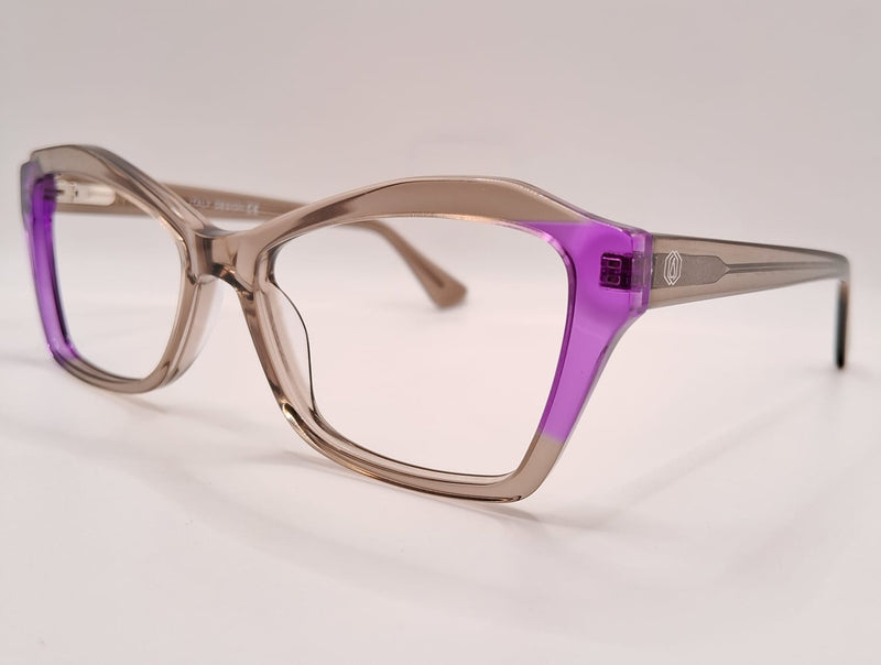 Armação em acetato cinza transparente com detalhes em roxo transparente nas bordas